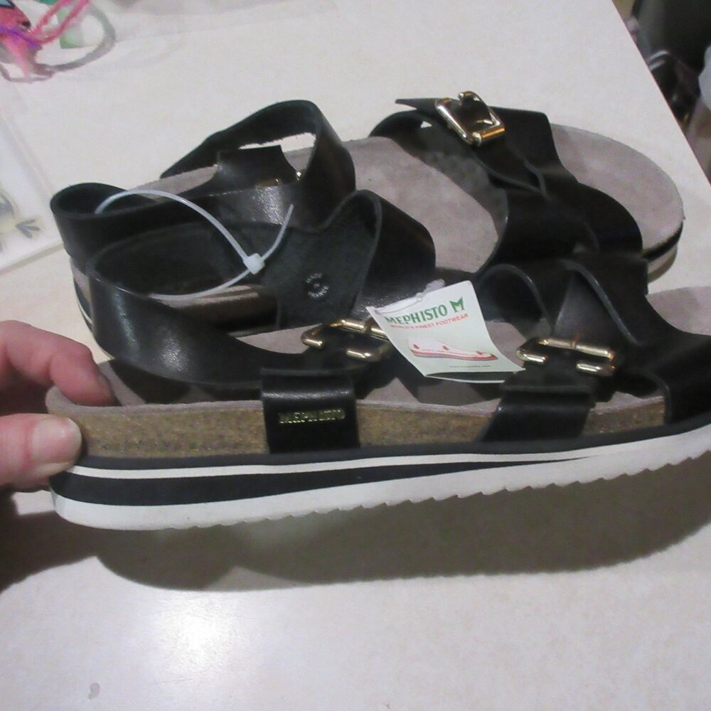 Mephisto Womens modern cork black white  Leather Sandal - nwob  42 - Picture 4 of 6